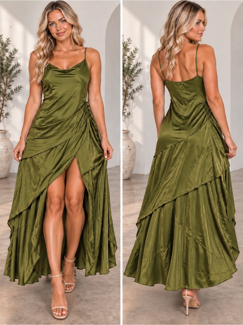Target 🎯 wild fable olive satin high-low ruched slip dress